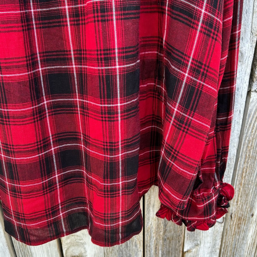 NWT Polo Ralph Lauren Ruffle Plaid Shirt Blouse Viscose Wool Red Black XL - Picture 14 of 16